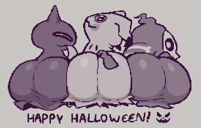 ambiguous_gender ass_to_ass big_butt big_tongue bone butt butt_focus cheek_spots cloak clothing eyes_closed feral group happy_halloween holidays looking_back skull smile tail text tongue tongue_out trio zlut385 halloween nintendo pokemon duskull generation_3_pokemon generation_7_pokemon ghost mimikyu pokemon_(species) shuppet spirit digital_drawing_(artwork) digital_media_(artwork) monochrome