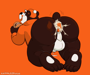 after_sex anthro anus balls bedroom_eyes big_butt bodily_fluids bottomless bottomless_male burger butt clothed clothing cum cum_drip cum_in_ass cum_inside cum_on_butt dripping eating feet food genital_fluids genitals looking_at_viewer looking_back male mascot narrowed_eyes orange_background precum precum_drip presenting presenting_anus presenting_hindquarters puffy_anus seductive simple_background slightly_chubby soles solo thick_thighs toes animalboyfriend a&w rooty_the_great_root_bear bear brown_bear mammal ursine 2025 hi_res