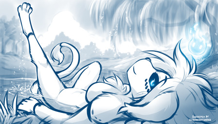 anthro biped black_sclera blue_eyes breasts casual_nudity chest_tuft claws digitigrade eyebrow_through_hair eyebrows featureless_breasts feet female fingers fur hair looking_at_viewer looking_up looking_up_at_viewer lying navel nude nude_anthro nude_female on_back one_leg_up outside partially_submerged plant pond raised_leg smile solo tail tail_tuft toes translucent translucent_hair tree tuft willow_tree conditional_dnp tom_fischbach twokinds willow_wisp felid keidran lion mammal pantherine will-o'-the-wisp 2026 7:4 blue_and_white digital_drawing_(artwork) digital_media_(artwork) hi_res monochrome sketch
