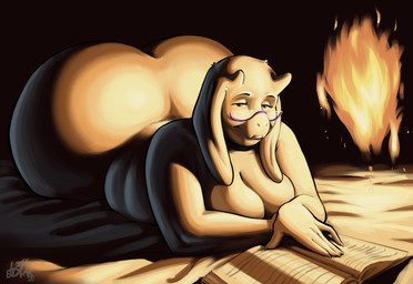 anthro belly_rolls big_butt book breasts butt eyewear female fire glasses huge_butt looking_at_viewer lying magic nude on_front reading reading_book smile solo text wide_hips l3ftbl4nk undertale_(series) toriel boss_monster_(undertale) bovid caprine goat mammal 2025 artist_name digital_drawing_(artwork) digital_media_(artwork) hi_res shaded
