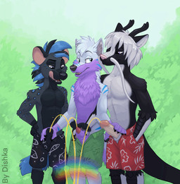 animal_genitalia animal_penis anthro bodily_fluids bottomwear canine_genitalia canine_penis clothed clothing erection fully_sheathed fur genital_fluids genitals group hair hand_on_penis horn humanoid_genitalia humanoid_penis licking licking_lips licking_own_lips lipsticking male male/male male_peeing open_bottomwear open_clothing open_mouth open_shorts peeing peeing_on_ground peeing_together penis penis_tip rainbow sheath shorts smile tail teeth tongue tongue_out topless topless_anthro topless_male trio urine urine_on_ground urine_stream watersports dishka mythology canid canine canis dragon mammal mythological_creature mythological_scalie scalie wolf animated digital_media_(artwork)