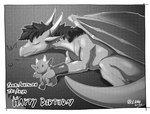 2020 artist_name border dated digital_media_(artwork) dragon ear_piercing english_text eyes_closed greyscale hair happy_birthday holding_object holding_plushie lunesnowtail male mane membrane_(anatomy) membranous_wings monochrome mythological_creature mythological_scalie mythology piercing plushie scalie shaded solo tail text white_border wings
