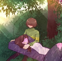 ambiguous_gender bottomwear breasts brown_hair clothed clothing denim denim_bottomwear denim_clothing duo female freckles fully_clothed grass hair jacket jeans messy_hair non-mammal_breasts pants pink_body plant relaxing sharp_teeth shrub sweater teeth topwear torn_bottomwear torn_clothing torn_jeans torn_pants tree merureins deltarune undertale_(series) kris_dreemurr susie_(deltarune) human mammal reptile scalie absurd_res hi_res