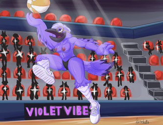anthro ball basketball_(ball) bottomless bottomwear breasts clothed clothing eyewear feathers female footwear glasses group jumping non-mammal_breasts partially_clothed public shoes skirt solo sportswear stadium underwear uniform upskirt wings daison_the_fox violet_raven_(valkyries) avian bird corvid corvus_(genus) oscine passerine raven hi_res