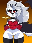 annoyed anthro biped black_clothing black_eyelids black_gloves black_handwear black_legwear black_thigh_highs bottomless bottomless_anthro bottomless_female butt butt_from_the_front choker clothed clothing clothing_lift dress dress_lift ear_piercing eyebrow_piercing eyebrow_through_hair eyebrows facial_piercing female fingerless_gloves fingers front_view frown fur genitals gloves gradient_background grey_body grey_fur grey_hair hair half-closed_eyes handwear humanoid_genitalia humanoid_hands humanoid_pussy jewelry legwear long_hair long_tail looking_aside narrowed_eyes necklace no_underwear piercing pussy red_clothing red_dress red_sclera simple_background small_waist solo spiked_choker standing tail text thick_thighs thigh_gap thigh_highs translucent translucent_hair white_body white_eyes white_fur wide_hips vash_art helluva_boss mythology loona_(helluva_boss) canid canid_demon canine demon hellhound mammal mythological_canine mythological_creature 2022 3:4 absurd_res artist_name hi_res portrait three-quarter_portrait