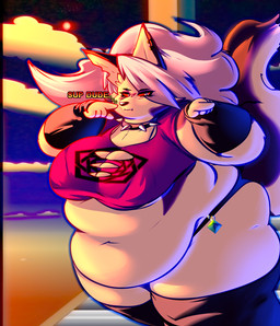 abstract_background accessory anthro belly belly_overhang belly_rolls big_belly big_breasts big_butt big_hair big_tail biped breasts butt cleavage cleavage_cutout clothed clothing cloud collar countershading crop_top cutout ear_piercing ear_ring eye_through_hair eyelashes female fur gesture grey_body grey_fur hair hand_gesture huge_thighs legwear looking_at_viewer morbidly_obese multicolored_body multicolored_fur navel notched_ear obese obese_anthro obese_female overweight overweight_anthro overweight_female panties pantsless piercing pointing pose red_sclera ring_piercing shirt sky solo spiked_collar spikes tail talking_to_viewer text thick_thighs thigh_highs three-quarter_view topwear translucent translucent_hair two_tone_body two_tone_fur underwear white_body white_eyes white_fur white_hair wide_hips nobody-64 hellaverse helluva_boss mythology loona_(helluva_boss) canid canid_demon canine demon hellhound mammal mythological_canine mythological_creature 2024 digital_drawing_(artwork) digital_media_(artwork) english_text hi_res portrait three-quarter_portrait
