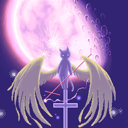 ambiguous_gender anthro christian_cross christian_symbol cross feathered_wings feathers moon religion religious_symbol solo tail wings neji_neji 2channel christianity shii_(2channel) 2channel_ascii_art_character angel domestic_cat felid feline felis mammal 1:1 digital_media_(artwork) low_res pixel_(artwork) purple_theme