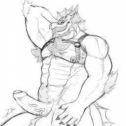abs anthro armpit_hair ball_tuft balls body_hair chest_hair ear_frill erection facial_piercing foreskin frill_(anatomy) genitals harness head_crest head_frill humanoid_genitalia humanoid_penis looking_at_viewer male muscular muscular_anthro muscular_male nose_piercing nose_ring nude open_mouth open_smile pecs penis piercing pose presenting presenting_penis ring_piercing simple_background smile solo standing tuft vein veiny_penis crazydrak mythology dragon mythological_creature mythological_scalie scalie 1:1 2018 dated hi_res monochrome portrait signature three-quarter_portrait