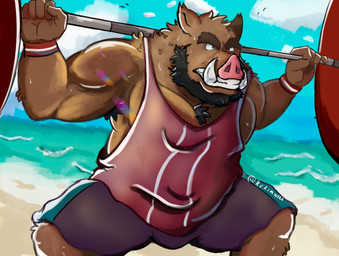 anthro beach beard bottomwear brown_body clothing cloud exercise facial_hair humanoid_hands male musclegut muscular outside seaside shirt shorts solo topwear water workout kerim_will mammal suid suine sus_(pig) wild_boar 2021 absurd_res hi_res
