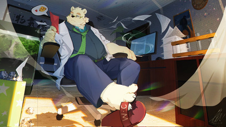 accessory anthro bottomwear chair clothing computer detailed_background electronics eyewear furniture glasses inside kemono male necktie overweight overweight_male pants shirt sitting solo topwear fenrir_shino lifewonders tokyo_afterschool_summoners leib_(tas) bear mammal polar_bear ursine 16:9 2024 hi_res widescreen
