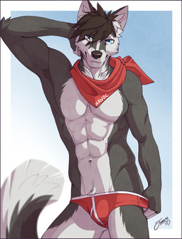 abs anthro athletic bangs biceps biped black_body black_fur black_hair black_nose blue_eyes border briefs bulge circle_eyebrows clothed clothing clothing_pull colored_seam_underwear countershade_face countershade_torso countershading eyebrows fur glistening glistening_eyes grey_body grey_fur grey_tail hair hand_behind_head inner_ear_fluff kerchief looking_at_viewer male multicolored_body multicolored_briefs multicolored_clothing multicolored_fur multicolored_tail multicolored_underwear muscular muscular_anthro muscular_arms muscular_male navel neckerchief neckwear pecs pose pubes red_briefs red_clothing red_kerchief red_neckerchief red_underwear scarf simple_background slim smile smiling_at_viewer snout solo standing tail tuft two_tone_briefs two_tone_clothing two_tone_tail two_tone_underwear underwear underwear_pull white_body white_border white_briefs white_clothing white_countershading white_eyebrows white_fur white_tail white_underwear y-fronts year feralise havoc_(havochusky) canid canine canis domestic_dog husky mammal nordic_sled_dog spitz 2015 digital_media_(artwork) pinup portrait signature three-quarter_portrait
