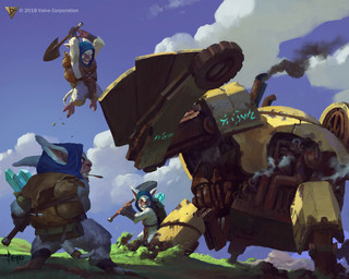 anthro backpack barefoot cloud crystal day feet fight fur grass group holding_object holding_shovel holding_tool long_ears machine male outside plant shovel smoke standing tail tools white_body white_fur bayard_wu artifact_(game) valve_corporation meepo_the_geomancer mammal robot 2018 digital_media_(artwork) hi_res official_art