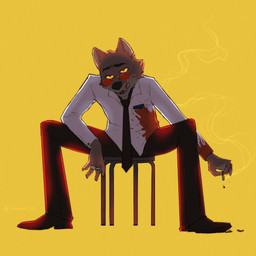 anthro black_bottomwear black_clothing black_pants blood blood_splatter bodily_fluids bottomwear cigarette clothed clothing collared_shirt dress_shirt eyewear footwear front_view fully_clothed fur grey_body grey_fur looking_at_viewer male male_anthro necktie pants shirt shoes simple_background sitting solo spread_legs spreading sunglasses topwear white_clothing white_shirt white_topwear yellow_background krappycup dreamworks the_bad_guys mr._wolf_(the_bad_guys) canid canine canis mammal wolf 1:1 2022 full-length_portrait hi_res portrait