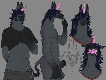 anthro biped blue_hair bodily_fluids bottomwear bulge chest_tuft cigarette cigarette_in_mouth clothing cum facial_piercing genital_fluids genitals grey_background grey_body hair holding_cigarette holding_object horn male navel nipples nose_piercing nose_ring object_in_mouth pants penis piercing pink_horn pink_teeth pubes ring_piercing sharp_teeth simple_background solo standing sweatpants tail tail_tuft teeth tuft unicorn_horn thecore34 mythology equid equine mammal mythological_creature mythological_equine unicorn 4:3 hi_res model_sheet