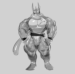 abs anthro anthrofied armband barazoku biceps big_muscles big_pecs biped dialogue featureless_crotch long_tongue male muscular muscular_anthro muscular_male muscular_thighs ninja nude nude_anthro nude_male pecs scar solo tongue tongue_out warrior wrappings chesschirebacon nintendo pokemon amphibian frog generation_6_pokemon generation_9_pokemon greninja pokemon_(species) 2025 digital_drawing_(artwork) digital_media_(artwork) hi_res monochrome