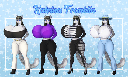 anthro belt big_breasts black_boots black_bottomwear black_clothing black_footwear black_hair black_pants black_topwear blue_bottomwear blue_clothing blue_eyes blue_hat blue_headwear blue_pants boots bottomwear breasts cleavage clothed clothing costume eyewear female footwear fur glasses grey_body grey_fur hair hat headgear headwear high_heeled_boots high_heels huge_breasts hyper hyper_breasts long_hair multicolored_body multicolored_fur navel pants piercing pink_nose purple_clothing purple_shirt purple_topwear shirt shoes small_waist solo standing sun_hat thick_thighs topwear torn_bottomwear torn_clothing torn_pants torn_shirt torn_topwear white_body white_bottomwear white_clothing white_fur white_pants white_topwear vanthi katrina_franklin_(lildredre) felid mammal pantherine snow_leopard hi_res