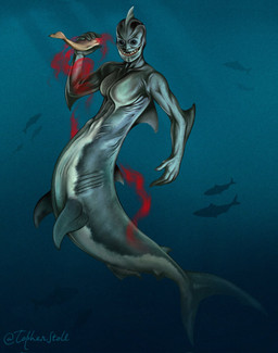 5_fingers blood blue_body bodily_fluids countershade_tail countershade_torso countershading dorsal_fin elbow_fin female fin fingers fish_tail food gills head_fin holding_food holding_object looking_at_viewer multicolored_body side_view silhouette simple_background solo split_form tail tail_fin teal_background teeth twitter_handle two_tone_body white_body white_countershading christopher_stoll aquatic fish humanoid_merfolk merfolk shark 2023 digital_drawing_(artwork) digital_media_(artwork) full-length_portrait hi_res portrait