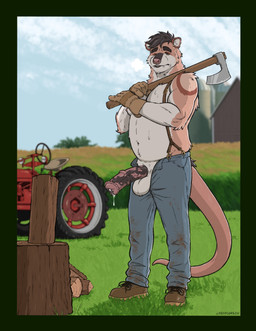 animal_genitalia animal_penis anthro axe balls black_body black_fur black_hair bodily_fluids bottomwear brown_penis clothed clothing denim denim_bottomwear denim_clothing equine_genitalia equine_penis erection fangs footwear fur genital_fluids genitals grass hair holding_object holding_weapon jeans male male_anthro medial_ring mottled mottled_genitalia mottled_penis musclegut muscular muscular_anthro muscular_male open_bottomwear open_clothing open_pants outside overweight overweight_anthro overweight_male pants penis pink_penis plant precum precum_string shoes solo standing suspenders sweat tail tan_body tan_fur teeth topless topless_anthro topless_male tractor vehicle weapon white_body white_fur wood labradorszn unknown_species 2026 hi_res