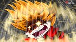 anthro blonde_hair clothing electricity fur hair jacket male open_mouth orange_body orange_fur powering_up red_clothing shirt solo star_eyes teeth topwear white_body white_fur xefino canid canine canis fox hybrid mammal wolf 16:9 widescreen