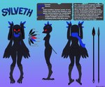 accessory anthro beak black_beak breasts covered_breasts feathers feet front_view gem glowing glowing_eyes hair hair_accessory hairband hime_cut long_hair looking_at looking_sideways medium_breasts melee_weapon mostly_nude non-mammal_breasts polearm rear_view red_eyes red_gem scarf scarf_only side_view spear standing tail tail_feathers talons text toes weapon wide_hips winged_arms wings quake-1 sylveth avian bird corvid corvus_(genus) oscine passerine raven 6:5 absurd_res hi_res model_sheet