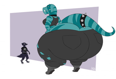 anthro big_butt black_clothing bottom_heavy bracelet butt butt_squish clothing collar duo dxcfv female huge_butt hyper hyper_butt jewelry larger_female male male/female plantigrade raised_heel size_difference smaller_male smirking_at_another smug_grin spiked_bracelet spikes squish standing tail thick_thighs torn_clothing jangleforks fang_(primal) avian bird corvid corvus_(genus) crow dinosaur oscine passerine prehistoric_species reptile saurischian scalie theropod tyrannosaurid tyrannosauroid tyrannosaurus tyrannosaurus_rex absurd_res hi_res