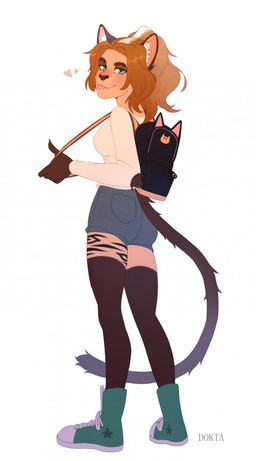 backpack breasts brown_hair butt butt_pose clothed clothing female green_eyes hair pose school_uniform simple_background solo tongue tongue_out uniform dokta oscha deer domestic_cat felid feline felis hybrid mammal hi_res