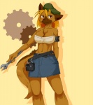 adjustable_wrench anthro belt big_breasts blonde_hair bottomwear breasts cleavage clothed clothing cogwheel engineer_(profession) female flat_cap gear hair hat headgear headwear holding_object holding_tool mechanic midriff skimpy skirt solo tail tools wrench shio_inu alt-b-shephelie canid canine canis domestic_dog mammal