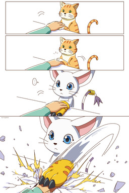 accessory ambiguous_gender black_nose blue_eyes clothing duo feral fur furgonomics gloves handwear humor jewelry markings orange_body orange_ears orange_fur ring striped_markings striped_tail stripes tail tail_accessory tail_jewelry tail_markings tail_ring whiskers white_body white_ears white_fur tragobear bandai_namco digimon digimon_(species) domestic_cat felid feline felis gatomon human mammal 2:3 comic hi_res