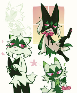 ambiguous_gender anthro blush blush_lines bodily_fluids claws dripping embarrassed eyes_closed fur green_body green_fur maskless musical_note musical_symbol open_mouth pawpads paws personal_grooming pink_eyes saliva saliva_drip simple_background solo star_symbol sweat symbol tail tongue tongue_out yo-yo kazunekomori nintendo pokemon felid feline floragato generation_9_pokemon mammal meowscarada pokemon_(species) 2026 absurd_res hi_res