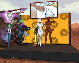 alcohol anthro award beverage butt butt_grab camera casual_nudity champagne collar desert electronics female grope group hand_on_butt male monster_truck nude nude_female nude_male outside screen spiked_collar spikes stage television trophy truck vehicle diacordst paw_patrol boomer_(paw_patrol) roxi_(paw_patrol) bullmastiff canid canine canis domestic_dog mammal mastiff molosser nordic_sled_dog samoyed spitz 5:4 hi_res