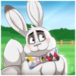 blush border bow_(feature) bow_tie dipstick_ears ear_markings fence fur head_tuft looking_aside male multicolored_ears outside smile solo tuft white_body white_border white_fur aaron_(artist) marlon_bundo lagomorph leporid mammal rabbit 1:1 2018 hi_res