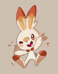 ambiguous_gender feral fur grey_background one_eye_closed open_mouth open_smile orange_body orange_eyes orange_fur paws simple_background smile solo white_body white_fur wink yellow_body yellow_fur smallpanda nintendo pokemon generation_8_pokemon lagomorph mammal pokemon_(species) scorbunny 2019