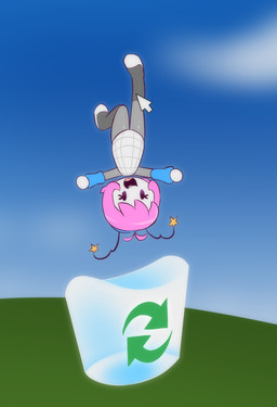 antennae_(anatomy) anthro blue_sky cloud cruelty cursor desktop featureless_hands female grid_lines hair imminent_death mouse_cursor peril pink_hair recycling_bin ryona simple_eyes sky solo suspension upside_down e254e home_paige digital_creature absurd_res hi_res wallpaper