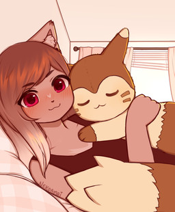 ambiguous_gender bed brown_body brown_hair clothing curtains duo eyes_closed female feral furniture hair hug looking_at_viewer on_bed red_eyes smile tail window nekoamai nintendo pokemon mocha_(nekoamai) animal_humanoid furret generation_2_pokemon humanoid pokemon_(species) 2023 digital_media_(artwork) hi_res