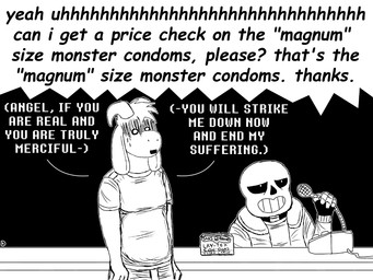 anthro bone box buying buying_condoms clothing container dialogue duo electronics horn humor intercom male microphone skeleton text thinking trolling komododad deltarune undertale undertale_(series) asriel_dreemurr sans_(undertale) animated_skeleton boss_monster_(undertale) bovid caprine goat humanoid mammal undead 2025 4:3 black_and_white comic english_text hi_res monochrome