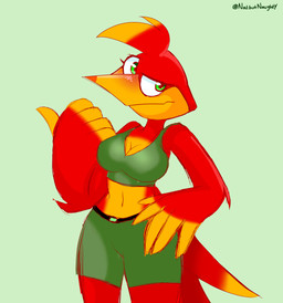 anthro big_breasts blush breasts cleavage clothed clothing female green_clothing navel non-mammal_breasts non-mammal_navel red_body solo underwear underwear_only missnatzooie banjo-kazooie rareware kazooie avian bird breegull hi_res