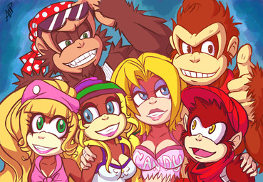 anthro bare_shoulders blonde_hair blue_eyes brown_body brown_eyes brown_fur clothing ear_piercing ear_ring eyeshadow eyewear facial_hair female fur green_eyes group hair hat headgear headwear hoop_ear_ring kerchief lipstick makeup male piercing ring_piercing smile sunglasses yellow_eyes askprincessplum donkey_kong_(series) nintendo candy_kong diddy_kong dixie_kong donkey_kong_(character) funky_kong tiny_kong ape haplorhine mammal monkey primate hi_res signature