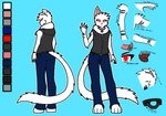 anthro belt blue_stripes bottomwear clothing collar denim denim_bottomwear denim_clothing fluffy fluffy_tail fur glowing glowing_eyes jeans male neck_tuft pants red_eyes scar scars_all_over sharp_teeth sleeveless_hoodie solo stripes tail teeth text torn_ear tuft white_body white_fur miksu4542 rani_(miksu4542) felid feline mammal english_text