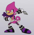 anthro grey_background male purple_body purple_scales scales simple_background solo weapon yellow_eyes itoruna sega sonic_the_hedgehog_(series) espio_the_chameleon chameleon lizard meller's_chameleon reptile scalie 2018 hi_res