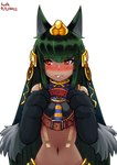 blush clothed clothing collar embarrassed female fluffy fur gold_(metal) gold_jewelry green_hair hair headpiece holding_collar holding_object jewelry long_hair looking_away markings monster_girl_(genre) red_eyes simple_background solo tail tsundere lutherniel monster_girl_encyclopedia mythology anubis_(mge) animal_humanoid canid canid_humanoid canine canine_humanoid humanoid jackal_humanoid mammal mammal_humanoid 2015 digital_media_(artwork)