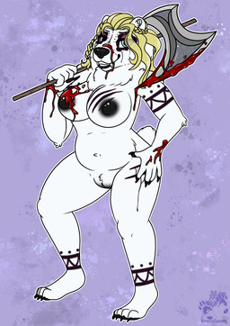 anthro axe blood blood_on_breast blood_on_face bodily_fluids bodypaint braided_hair breasts female hair nipples paint_drip solo weapon weapon_on_shoulder arwenscoots conditional_dnp bear mammal polar_bear ursine hi_res