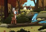 blue_eyes creek detailed_background eyelashes female feral forest hooves hut nude outside plant solo standing tree dyani-yahto hasbro my_little_pony fan_character maplepuff ambient_arthropod ambient_butterfly ambient_insect arthropod butterfly deer insect lepidopteran mammal hi_res