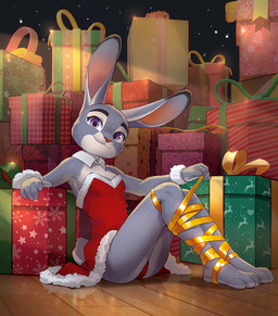 anthro breasts clothed clothing female fur gift gift_wrapped grey_body grey_fur holidays multicolored_body multicolored_fur purple_eyes ribbons solo two_tone_body two_tone_fur wrappings trulya christmas disney zootopia judy_hopps european_rabbit lagomorph leporid mammal oryctolagus rabbit 2025 digital_media_(artwork)