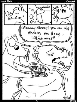 anthro bedding blanket dialogue duo female feral male shaking sniffing tongue tongue_out woken_up qwaxi~lixard canid canine canis domestic_dog lizard mammal reptile scalie comic hi_res