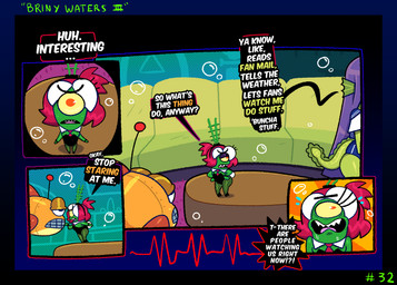 anthro claws clothing dialogue duo female female/female fisheye_lens fishnet_clothing fishnet_legwear footwear hair hands_on_hips high_heels legwear leotard purple_hair shoes size_difference text yellow_sclera somescrub nickelodeon spongebob_squarepants briny_waters eelie_applebottom fan_character aquatic cyclops eel fish plankton_(species) 2025 comic english_text hi_res