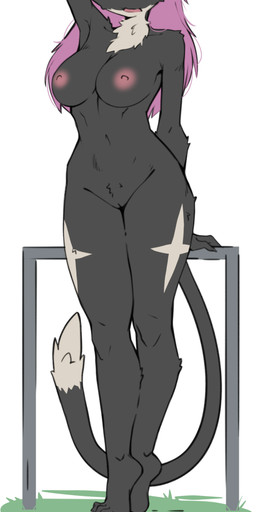 anthro biped black_body black_fur breasts chest_tuft feet female female_anthro fur fur_markings genitals hair leg_markings long_hair long_tail markings midriff multicolored_body multicolored_fur nude nude_anthro nude_female pink_hair plantigrade pose red_eyes solo tail thigh_markings thin_tail toes tuft two_tone_body two_tone_fur vulva white_body white_fur mcfli king_of_thorn zeus_female felid feline humanoid mammal zeus_genus absurd_res digital_drawing_(artwork) digital_media_(artwork) full-length_portrait hi_res pinup portrait
