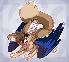 ambiguous_gender feathers feet feral front_view fur hair looking_at_viewer simple_background smile solo standing tail teeth toes tongue wings bloominglynx canid canine mammal 2026 digital_drawing_(artwork) digital_media_(artwork) hi_res