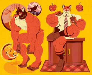 anthro apple arm_hair big_muscles body_hair chest_hair cider clothing food footwear fruit fur furniture garter_belt garter_belt_socks garter_straps hairy hairy_legs hairy_male hypnotic_eyes juice_box leg_hair looking_at_viewer male muscular muscular_anthro muscular_arms muscular_male necktie orange_body orange_fur plant ringed_eyes shirt socks solo topwear underwear white_body white_clothing white_fur white_shirt white_topwear vaniwall fantastic_mr._fox mr._fox_(fantastic_mr._fox) canid canine fox mammal absurd_res hi_res