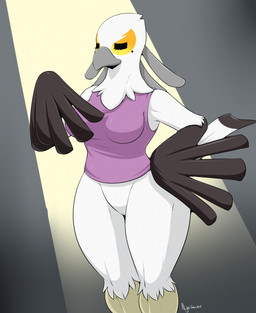 anthro barely_visible_genitalia barely_visible_vulva beak big_breasts black_body black_feathers bottomless breasts clothed clothing curvy_figure feathers female genitals markings mole_(marking) multicolored_body multicolored_feathers non-mammal_breasts shirt solo standing tank_top thick_thighs topwear vulva white_body white_feathers wide_hips yellow_body yellow_feathers nightfaux aggretsuko sanrio secretary_washimi accipitriform avian bird secretary_bird 2018 dated hi_res portrait signature three-quarter_portrait