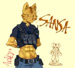 abs anthro armor athletic bell bell_collar belt clothing collar electronics low_hanging_pants male police police_officer police_uniform pouches scar silly simple_background simple_eyes solo uniform walkie-talkie adler701 my_hero_academia sansa_tamakawa domestic_cat felid feline felis mammal signature sketch